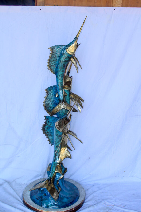 Bronze Statue, School of Three Sailfish Jumping of the Water 28" x 18" x 66"H - Image 10