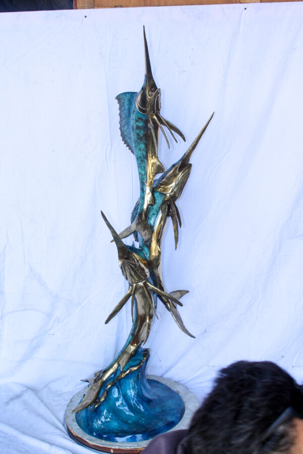 Bronze Statue, School of Three Sailfish Jumping of the Water 28" x 18" x 66"H - Image 11