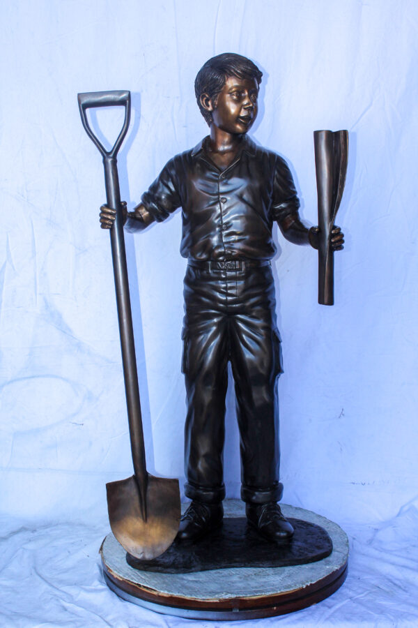 A Boy with Shovel, Charming Garden Bronze Statue 24" x 15" x 27"H - Image 3