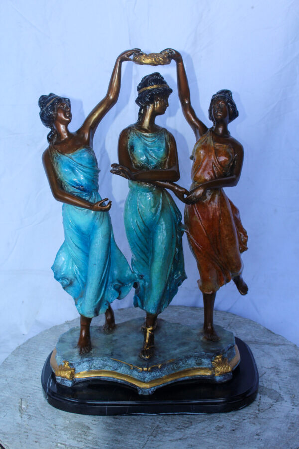 Three Dancing Ladies, Colorful Bronze Statue on a marble base 15" x 10" x 23"H - Image 3