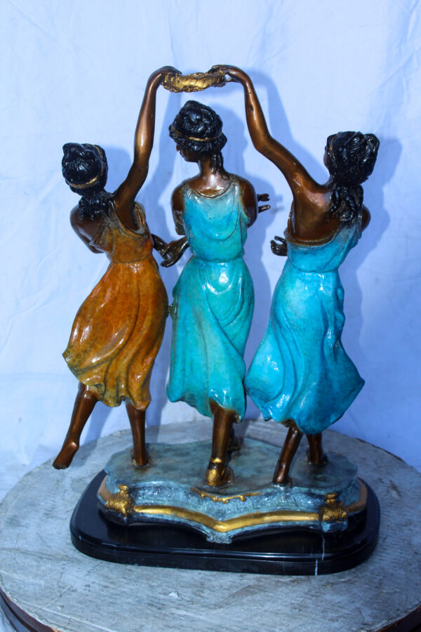 Three Dancing Ladies, Colorful Bronze Statue on a marble base 15" x 10" x 23"H - Image 7