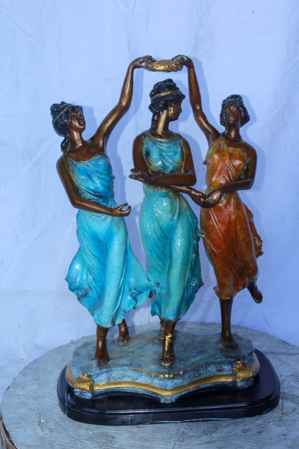 Three Dancing Ladies, Colorful Bronze Statue on a marble base 15" x 10" x 23"H - Image 11
