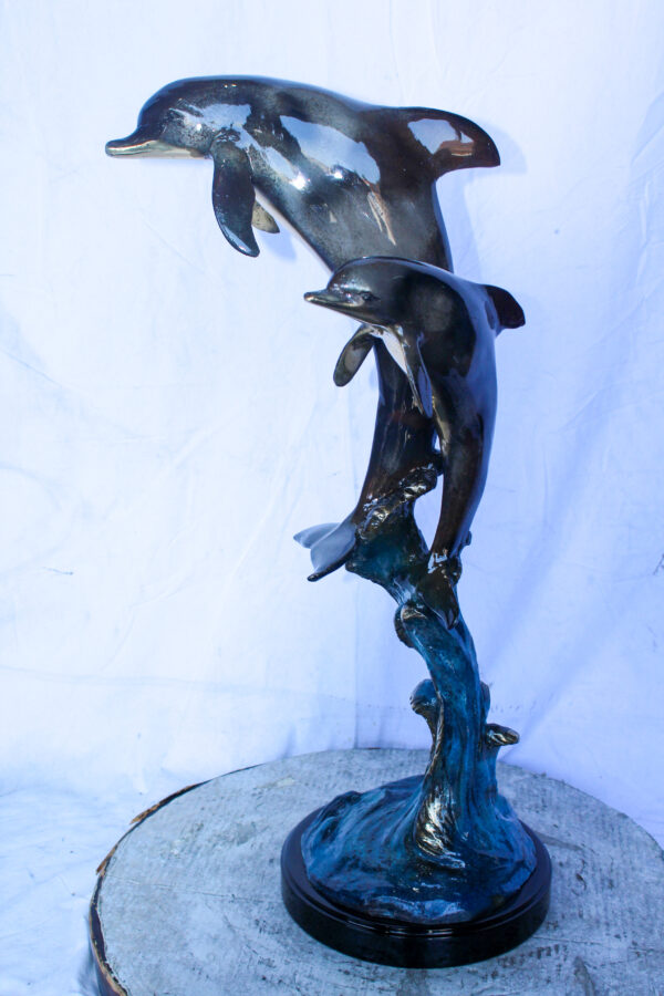 Two Dolphins Jumping of the Water Bronze Statue 11" x 12" x 31"H - Image 3