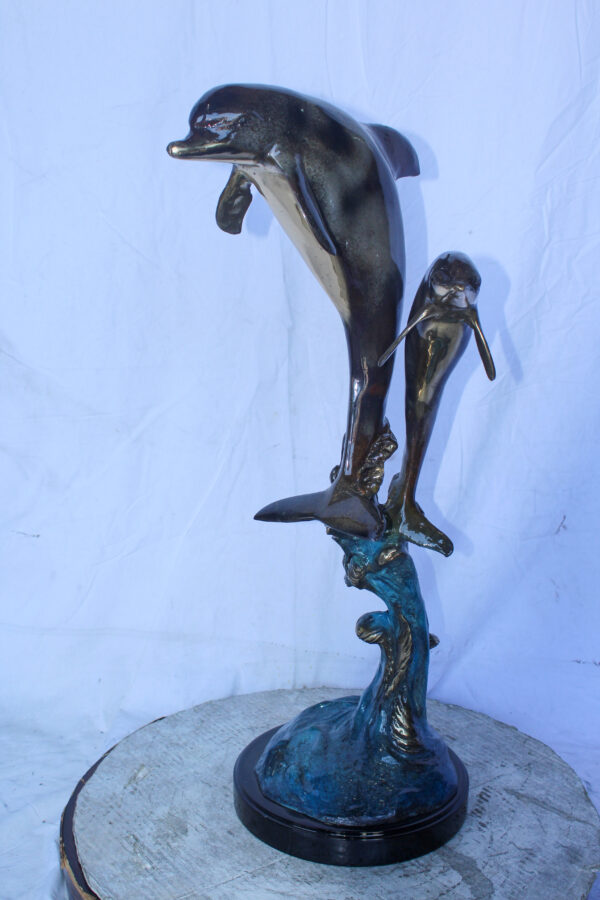 Two Dolphins Jumping of the Water Bronze Statue 11" x 12" x 31"H - Image 4
