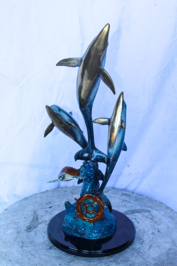 Three Dolphins Jumping, Sea Turtle, Colored Bronze Statue 11" x 11" x 24"H - Image 3