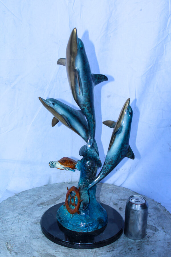 Three Dolphins Jumping, Sea Turtle, Colored Bronze Statue 11" x 11" x 24"H - Image 4