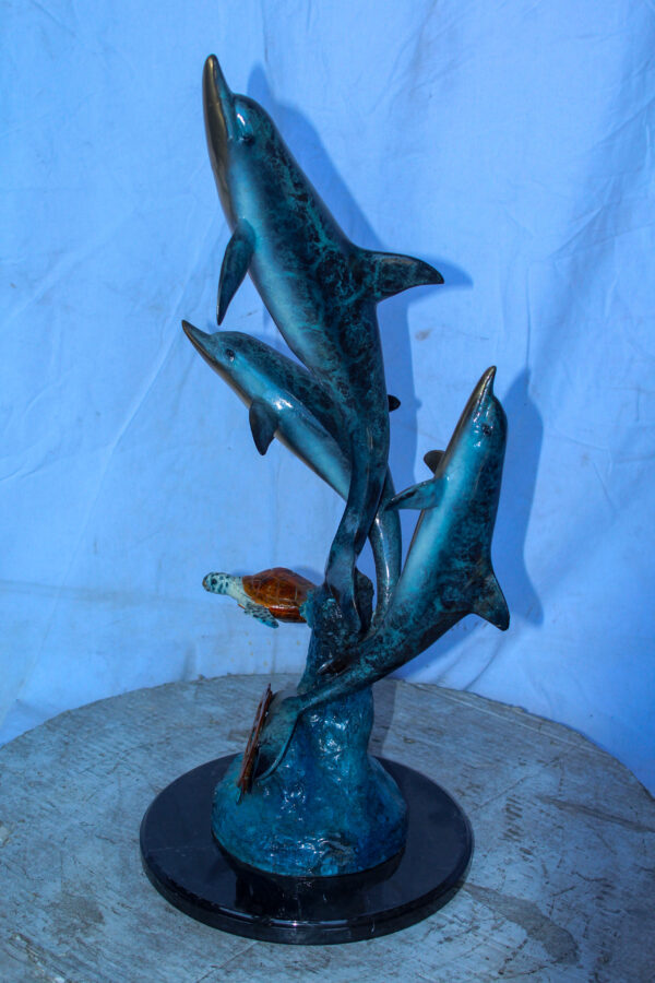 Three Dolphins Jumping, Sea Turtle, Colored Bronze Statue 11" x 11" x 24"H - Image 5