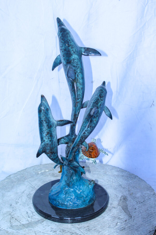 Three Dolphins Jumping, Sea Turtle, Colored Bronze Statue 11" x 11" x 24"H - Image 7