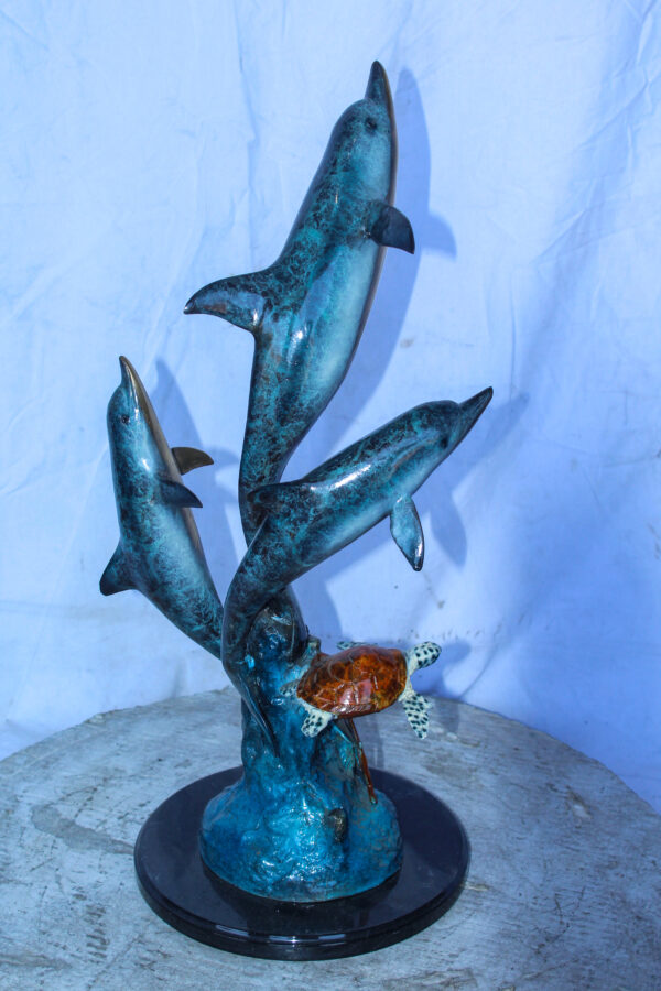 Three Dolphins Jumping, Sea Turtle, Colored Bronze Statue 11" x 11" x 24"H - Image 8