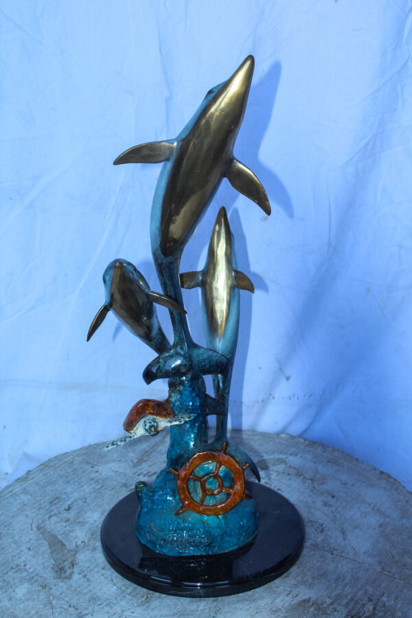 Three Dolphins Jumping, Sea Turtle, Colored Bronze Statue 11" x 11" x 24"H - Image 10