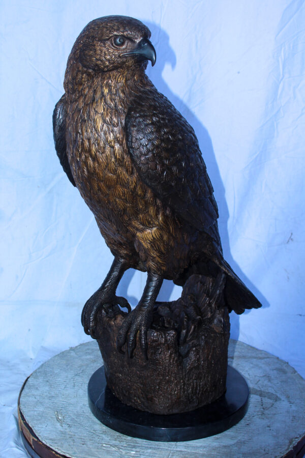 Hawk Bronze Statue Standing on Tree Stump with Marble Base 12" x 15" x 29"H - Image 4