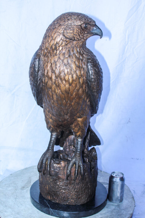 Hawk Bronze Statue Standing on Tree Stump with Marble Base 12" x 15" x 29"H - Image 5
