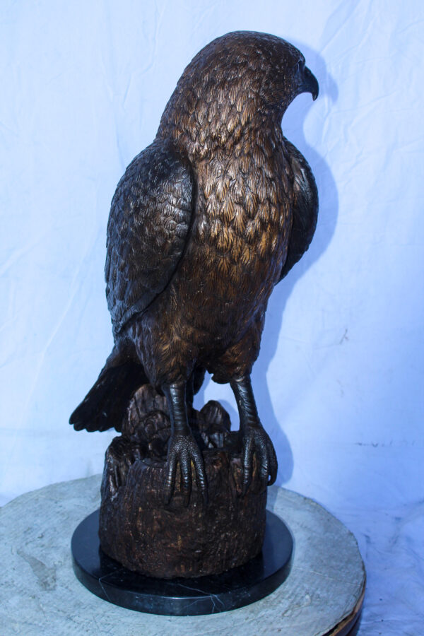 Hawk Bronze Statue Standing on Tree Stump with Marble Base 12" x 15" x 29"H - Image 6