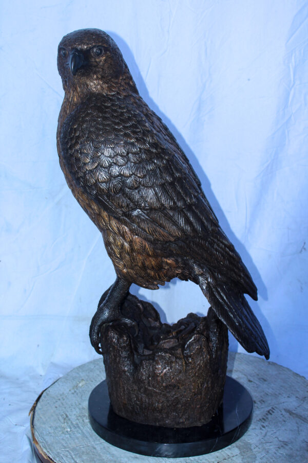 Hawk Bronze Statue Standing on Tree Stump with Marble Base 12" x 15" x 29"H - Image 10