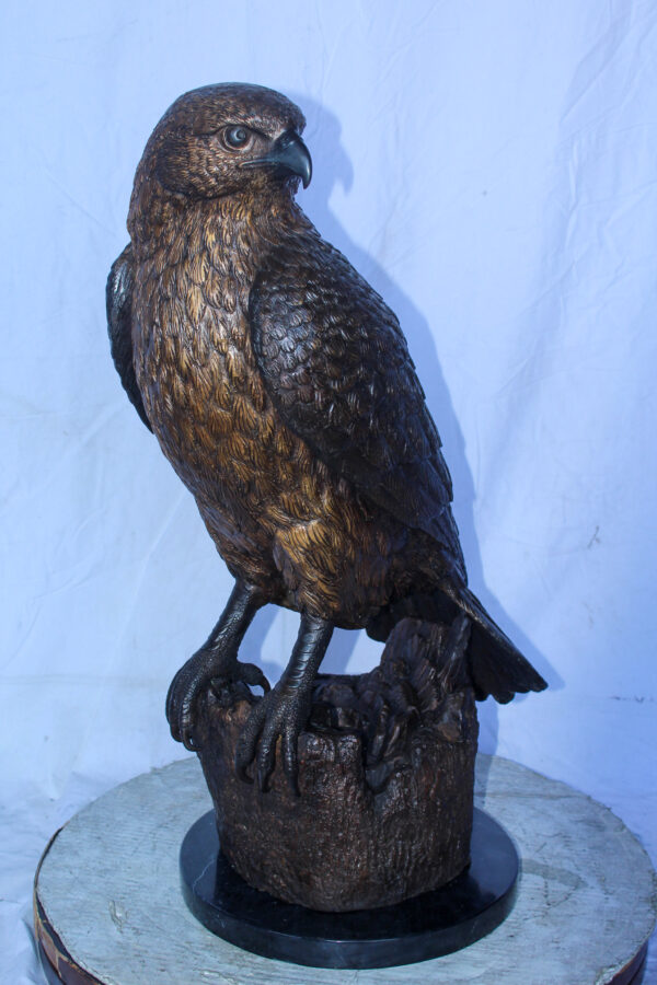 Hawk Bronze Statue Standing on Tree Stump with Marble Base 12" x 15" x 29"H - Image 11