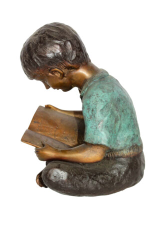 Bronze Statue of Boy Reading Book Lost Wax Cast Sculpture 9" x 8" x 11"H