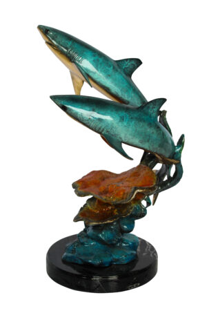 Bronze Shark Sculpture With Coral Reef Base Lost Wax Cast 11" x 16" x 23"H