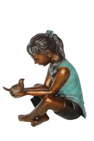 Bronze Girl Holding Bird Statue Lost Wax Sculpture with Patina 19" x 10" x 20"H