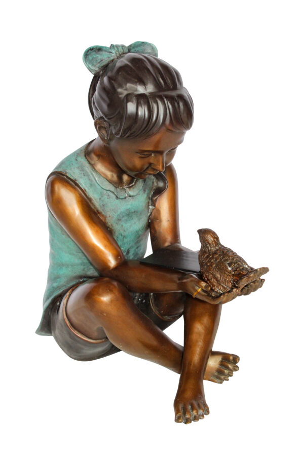 Bronze Girl Holding Bird Statue Lost Wax Sculpture with Patina 19" x 10" x 20"H - Image 3