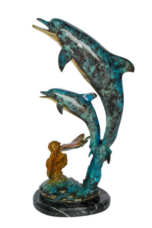 Bronze Dolphins and Mermaid Statue Ocean Fantasy Décor 9" x 7" x 22"H