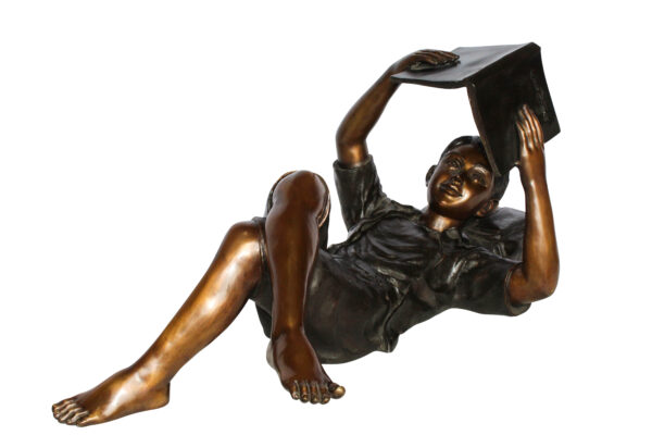 Boy Reading Bronze Statue with Book Raised Overhead 41" x 22" x 18"H