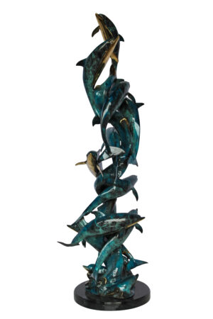 Dolphin Spiral Wave Bronze Statue for Coastal Décor 15" x 17" x 55"H