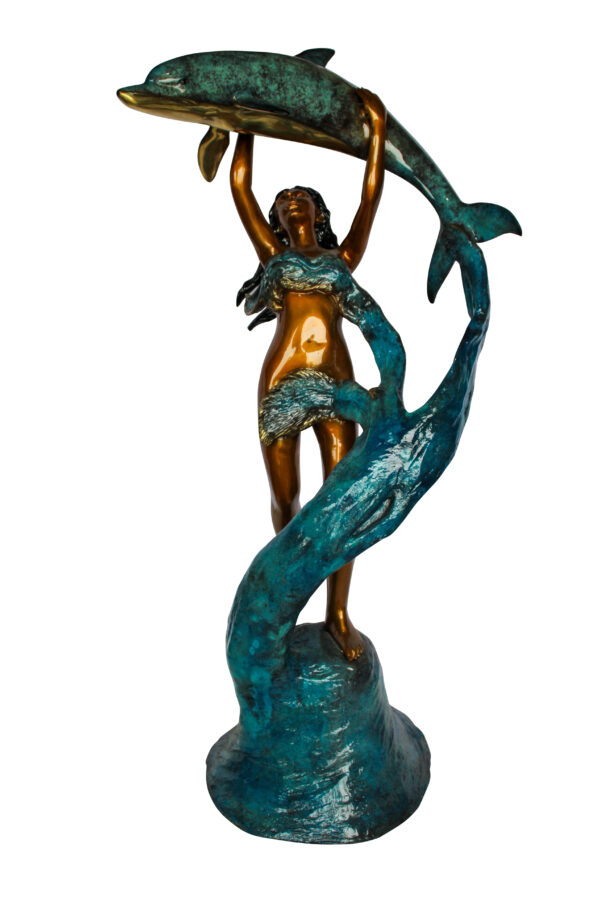 Bronze Mermaid And Dolphin Fountain Statue Lost Wax Sculpture 25" x 24" x 57"H