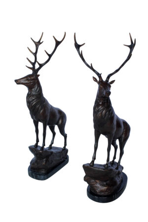 Pair of Bronze Deer Stag Statues Standing on Rock Base 14" x 10" x 28"H