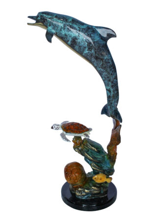 Bronze Dolphin and Turtle Statue Ocean Reef Art Décor 8" x 13" x 25"H