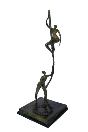 Bronze Abstract Figures Climbing Rope Sculpture on Base 14" x 14" x 38"H
