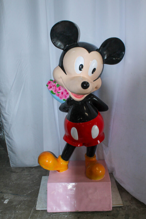 Large Cartoon Mouse Statue Holding Flower Bouquet 35" x 26" x 73"H - Image 12