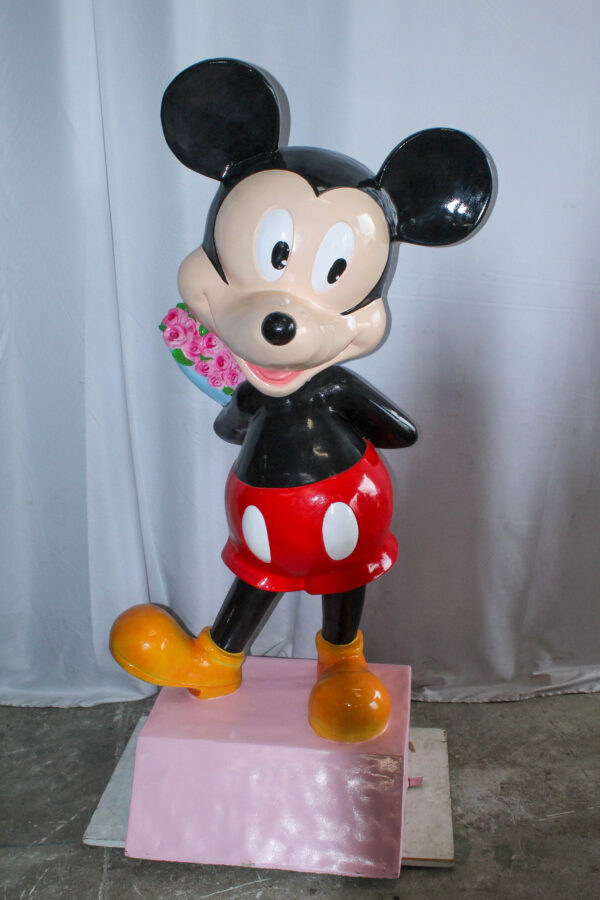 Large Cartoon Mouse Statue Holding Flower Bouquet 35" x 26" x 73"H - Image 2