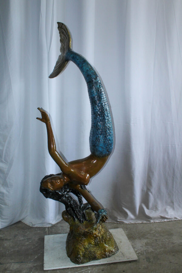 Large Bronze Mermaid Fountain Statue With Blue Tail 37" x 30" x 85"H - Image 12