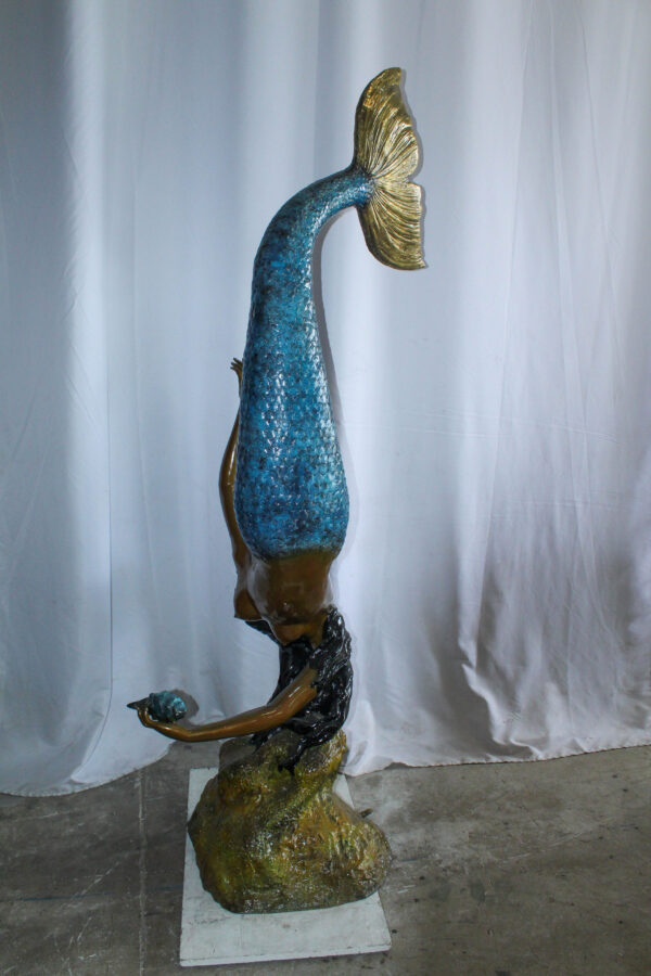 Large Bronze Mermaid Fountain Statue With Blue Tail 37" x 30" x 85"H - Image 3