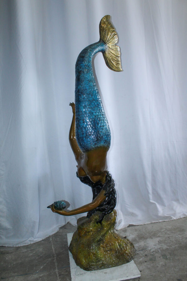 Large Bronze Mermaid Fountain Statue With Blue Tail 37" x 30" x 85"H - Image 4