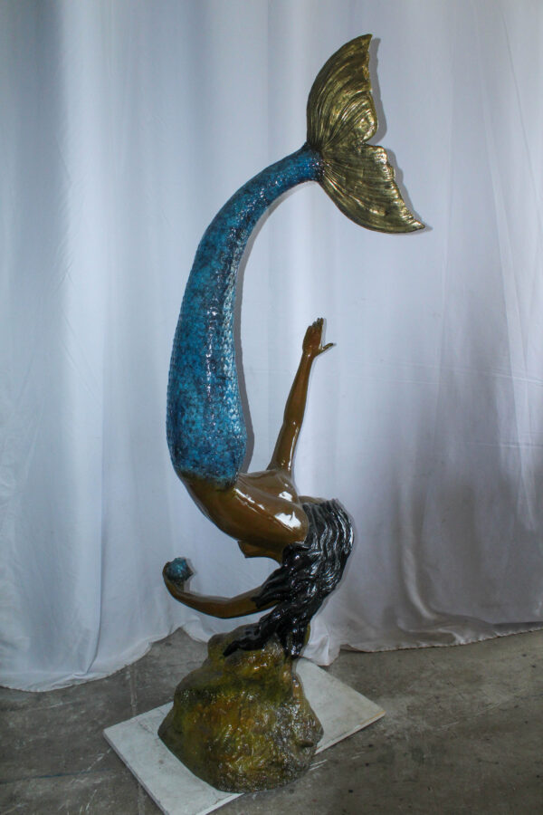 Large Bronze Mermaid Fountain Statue With Blue Tail 37" x 30" x 85"H - Image 5