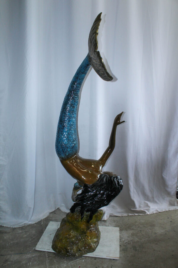 Large Bronze Mermaid Fountain Statue With Blue Tail 37" x 30" x 85"H - Image 6