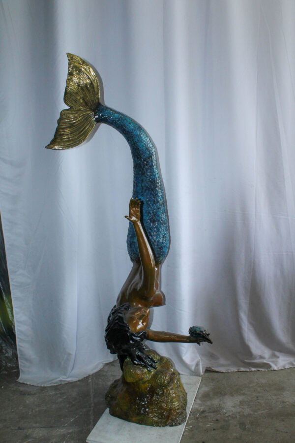 Large Bronze Mermaid Fountain Statue With Blue Tail 37" x 30" x 85"H - Image 8