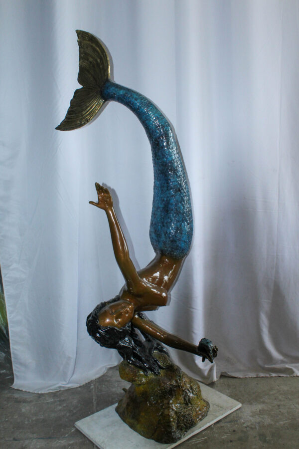 Large Bronze Mermaid Fountain Statue With Blue Tail 37" x 30" x 85"H - Image 9