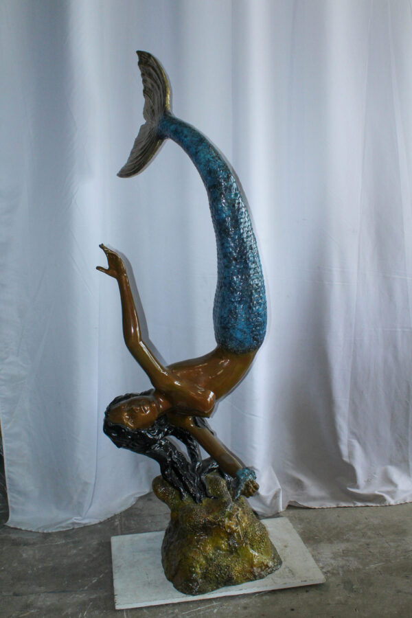 Large Bronze Mermaid Fountain Statue With Blue Tail 37" x 30" x 85"H - Image 10