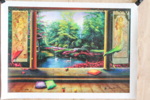 Paradise by Orlando Quevedo Garden Terrace Scene With Swans and Pillars, 30"x21"