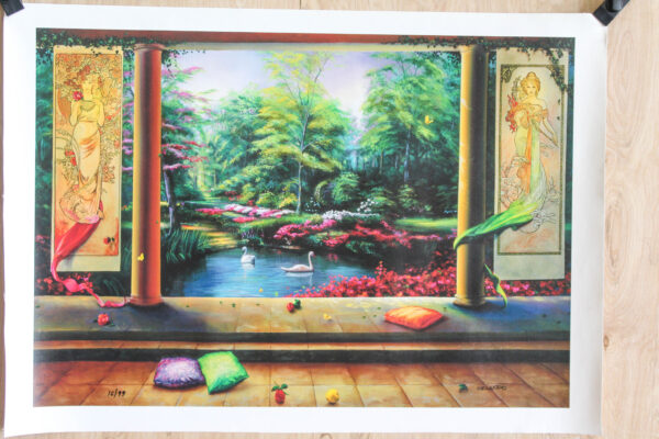 Paradise by Orlando Quevedo Garden Terrace Scene With Swans and Pillars, 30"x21"
