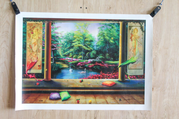 Paradise by Orlando Quevedo Garden Terrace Scene With Swans and Pillars, 30"x21" - Image 3