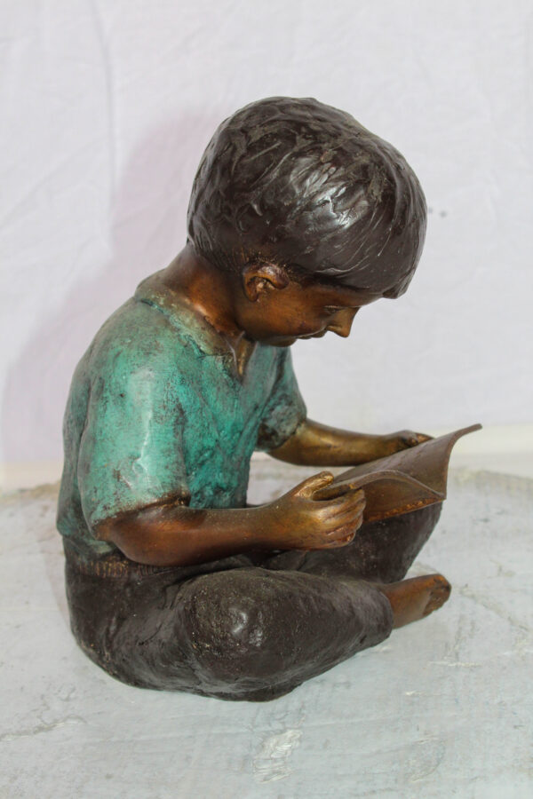 Bronze Statue of Boy Reading Book Lost Wax Cast Sculpture 9" x 8" x 11"H - Image 2