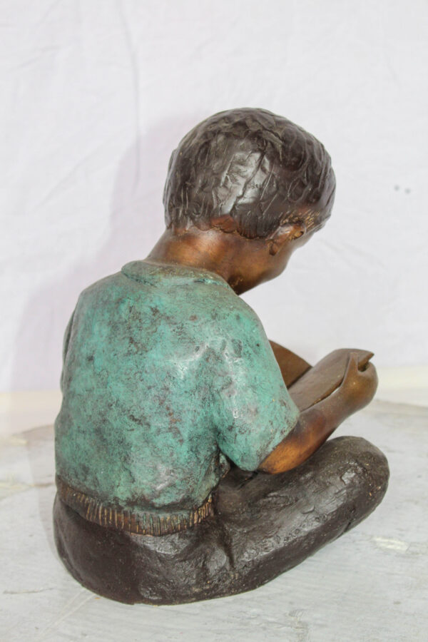 Bronze Statue of Boy Reading Book Lost Wax Cast Sculpture 9" x 8" x 11"H - Image 3