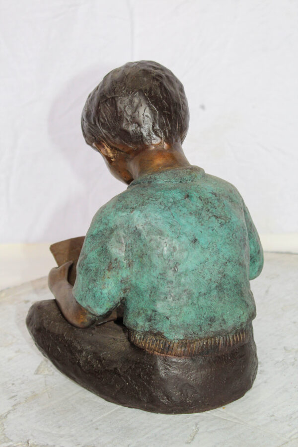 Bronze Statue of Boy Reading Book Lost Wax Cast Sculpture 9" x 8" x 11"H - Image 4