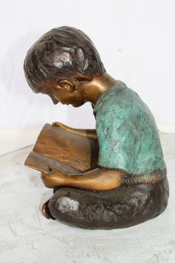 Bronze Statue of Boy Reading Book Lost Wax Cast Sculpture 9" x 8" x 11"H - Image 5