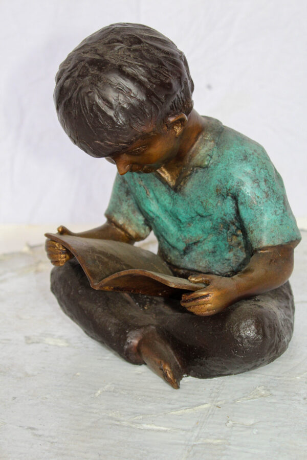 Bronze Statue of Boy Reading Book Lost Wax Cast Sculpture 9" x 8" x 11"H - Image 6