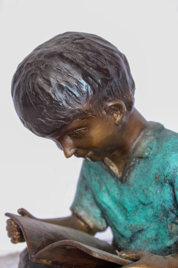 Bronze Statue of Boy Reading Book Lost Wax Cast Sculpture 9" x 8" x 11"H - Image 7