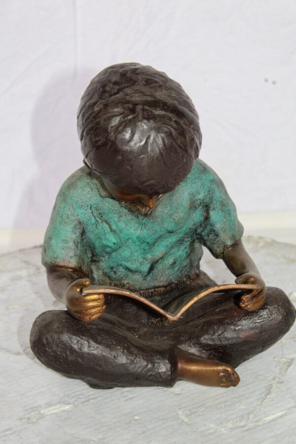 Bronze Statue of Boy Reading Book Lost Wax Cast Sculpture 9" x 8" x 11"H - Image 8